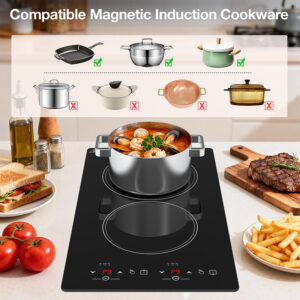 Double burner induction cooktop compatible with magnetic cookware including cast iron and stainless steel pots